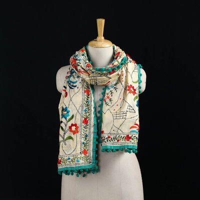 Ranihati Chanderi Silk Hand Embroidered Stole with Pom Pom 175