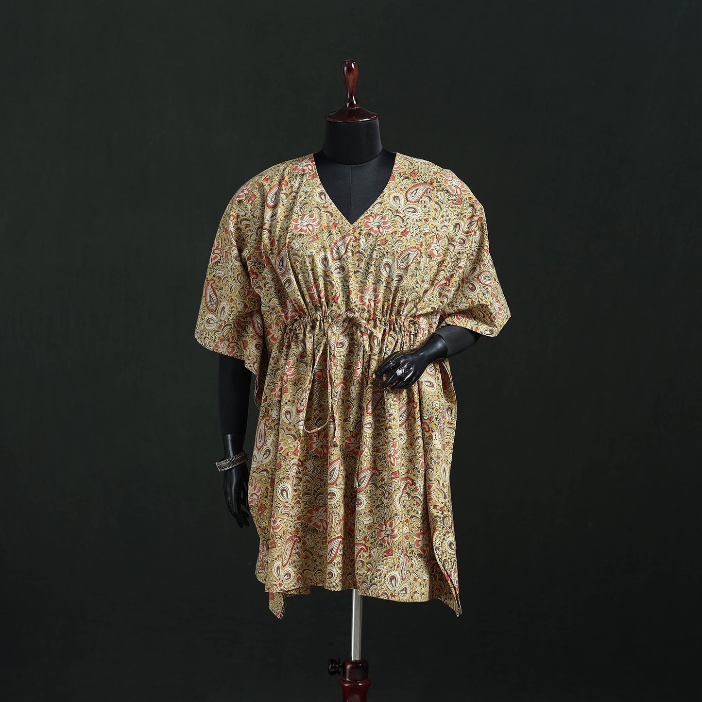 Beige - Kalamkari Hand Block Print Natural Dyed Cotton Kaftan (Short) 20