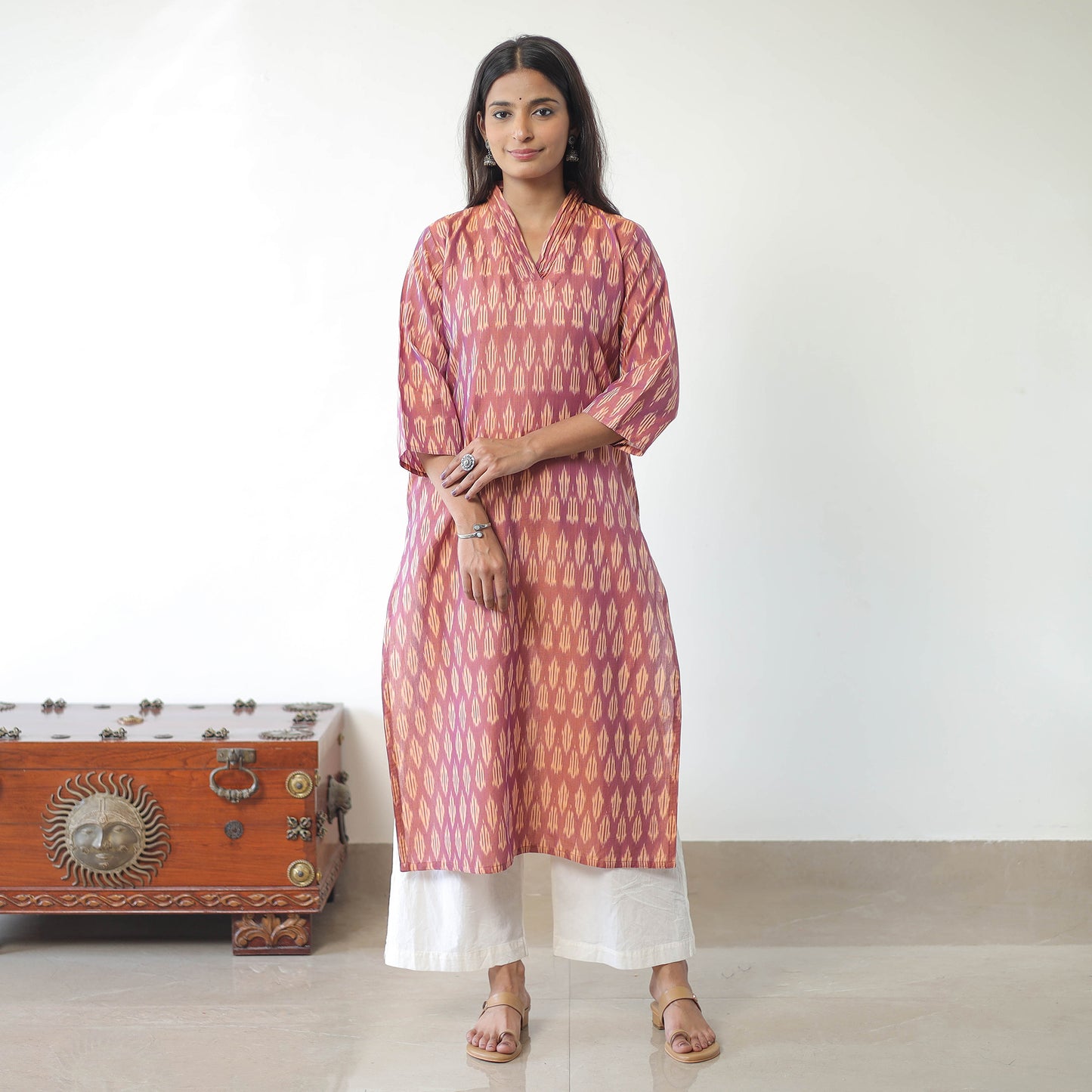 Peach - Mercerised Cotton Pochampally Ikat Kurta (Straight) 11