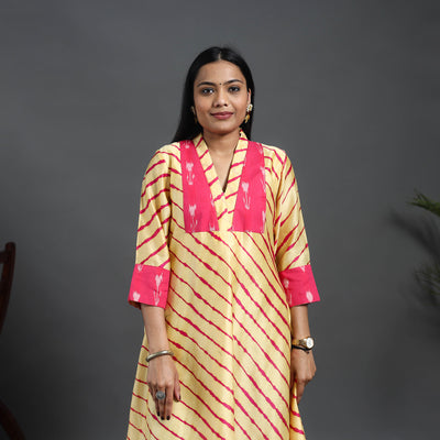 Chanderi Silk A-Line Patchwork Tie-Dye Leheriya Kurta 05