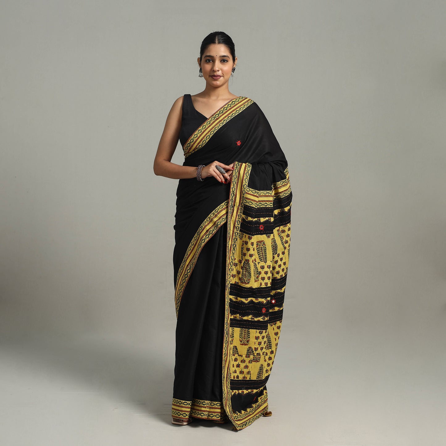 Black - Applique Patchwork Mul Cotton Tagai Ajrakh Saree 01