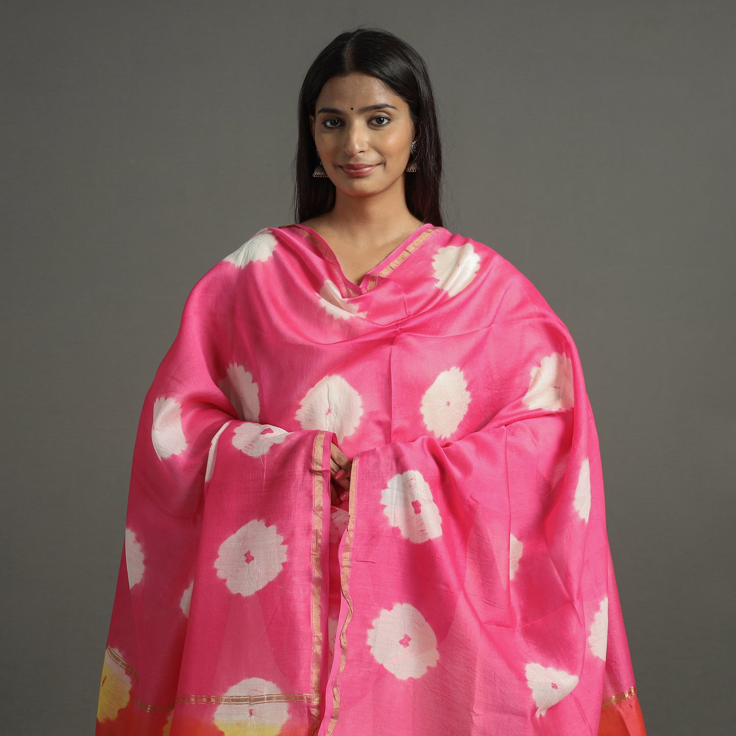 Pink - Shibori Tie-Dye Handloom Chanderi Silk Dupatta with Zari Border 51