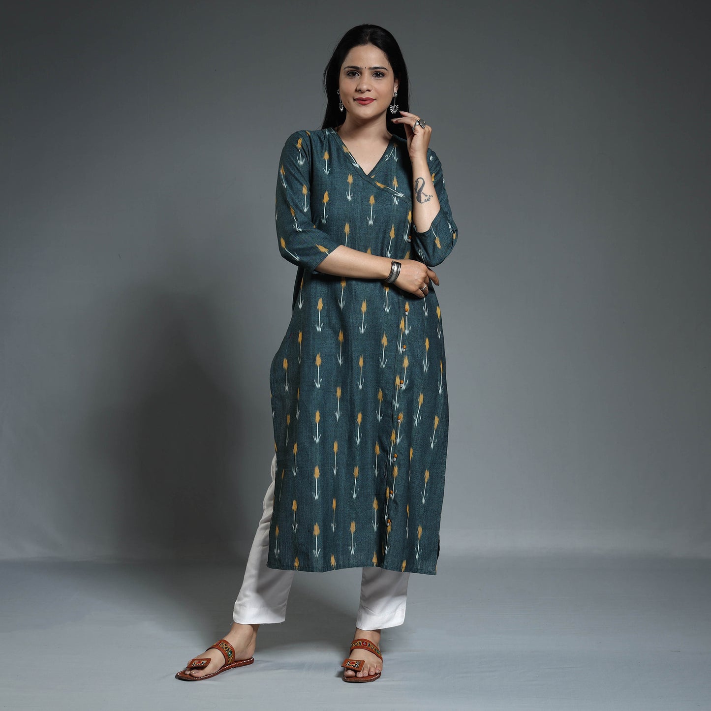 Green - Pochampally Ikat Weave Cotton Long Kurta