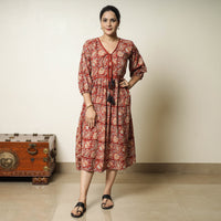 Red - Bagru Block Printed Cotton Flared Dress 17