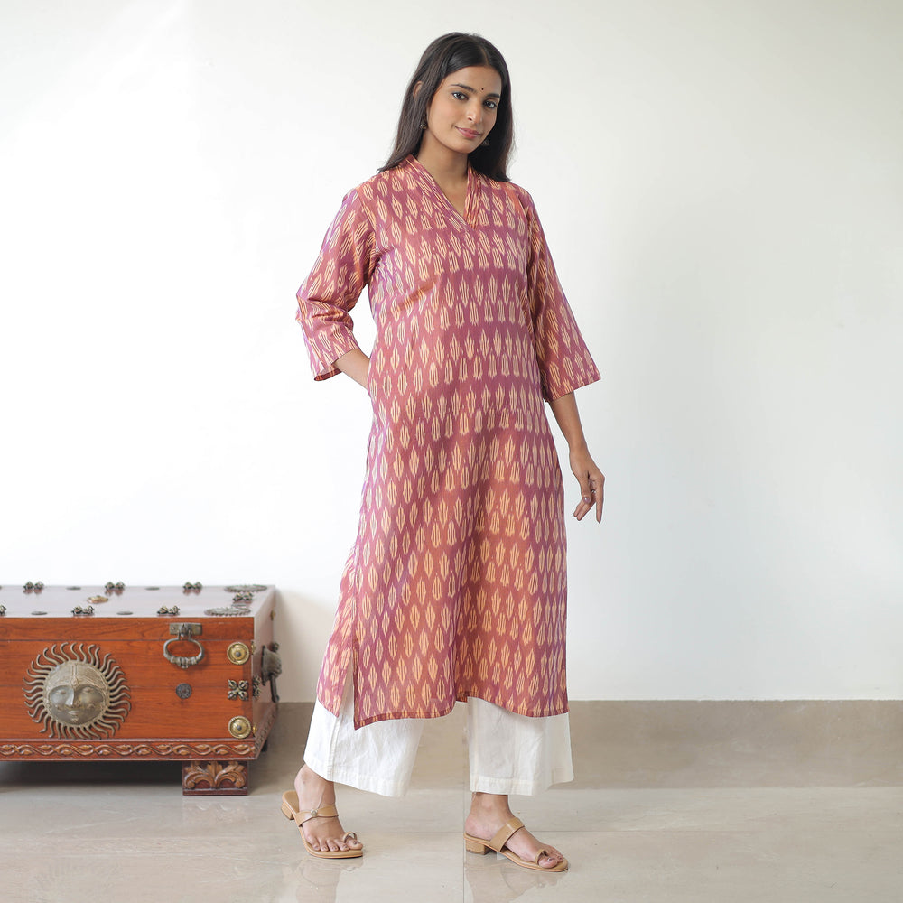 Peach - Mercerised Cotton Pochampally Ikat Kurta (Straight) 11