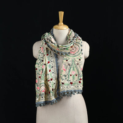 Ranihati Chanderi Silk Hand Embroidered Stole with Pom Pom 176