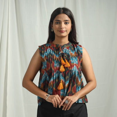 Multicolor - Handloom Cotton Central Asian Pochampally Ikat Crop Top 06