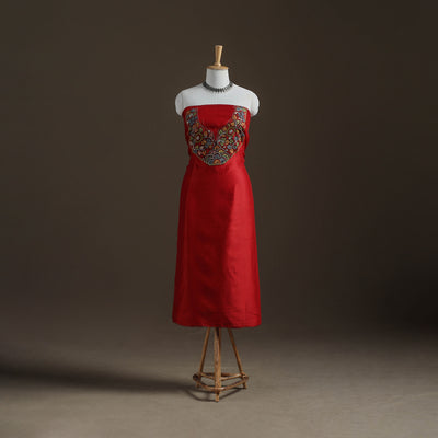 Red - Handpainted Srikalahasti Handloom Chanderi Silk Unstitched Kurta (2.3M) 08