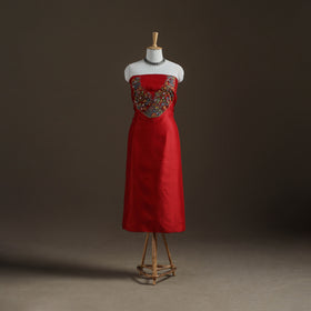 Red - Handpainted Srikalahasti Handloom Chanderi Silk Unstitched Kurta (2.3M) 08