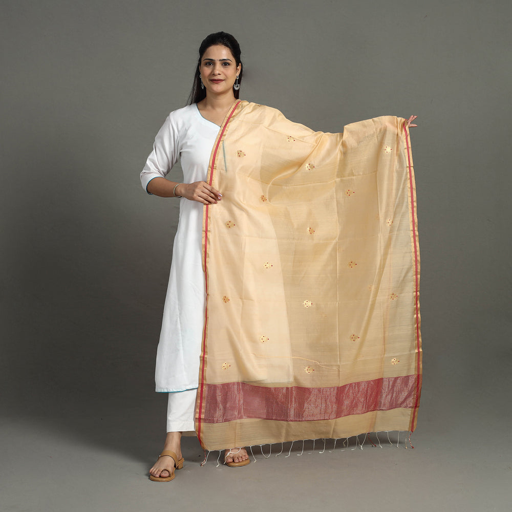 Beige - Handloom Silk Cotton Zari Buta Chanderi Dupatta 29