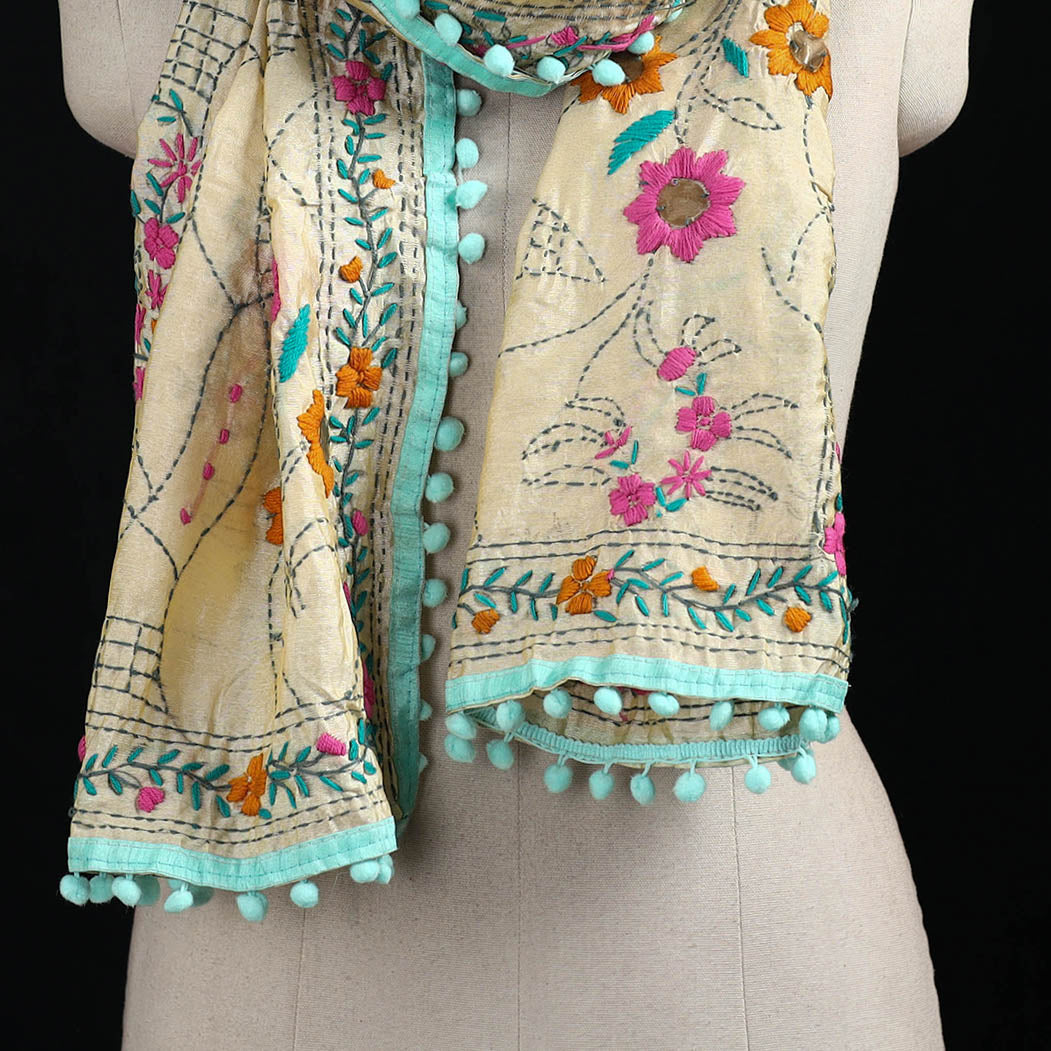 Ranihati Chanderi Silk Hand Embroidered Stole with Pom Pom 177