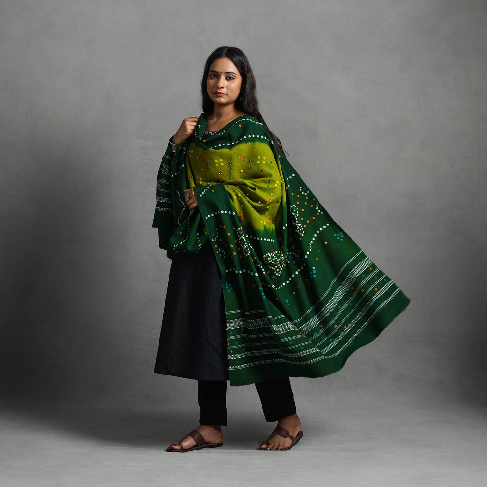 Green - Kutch Mirror Work Handwoven Bandhani Bagida Woolen Shawl 01