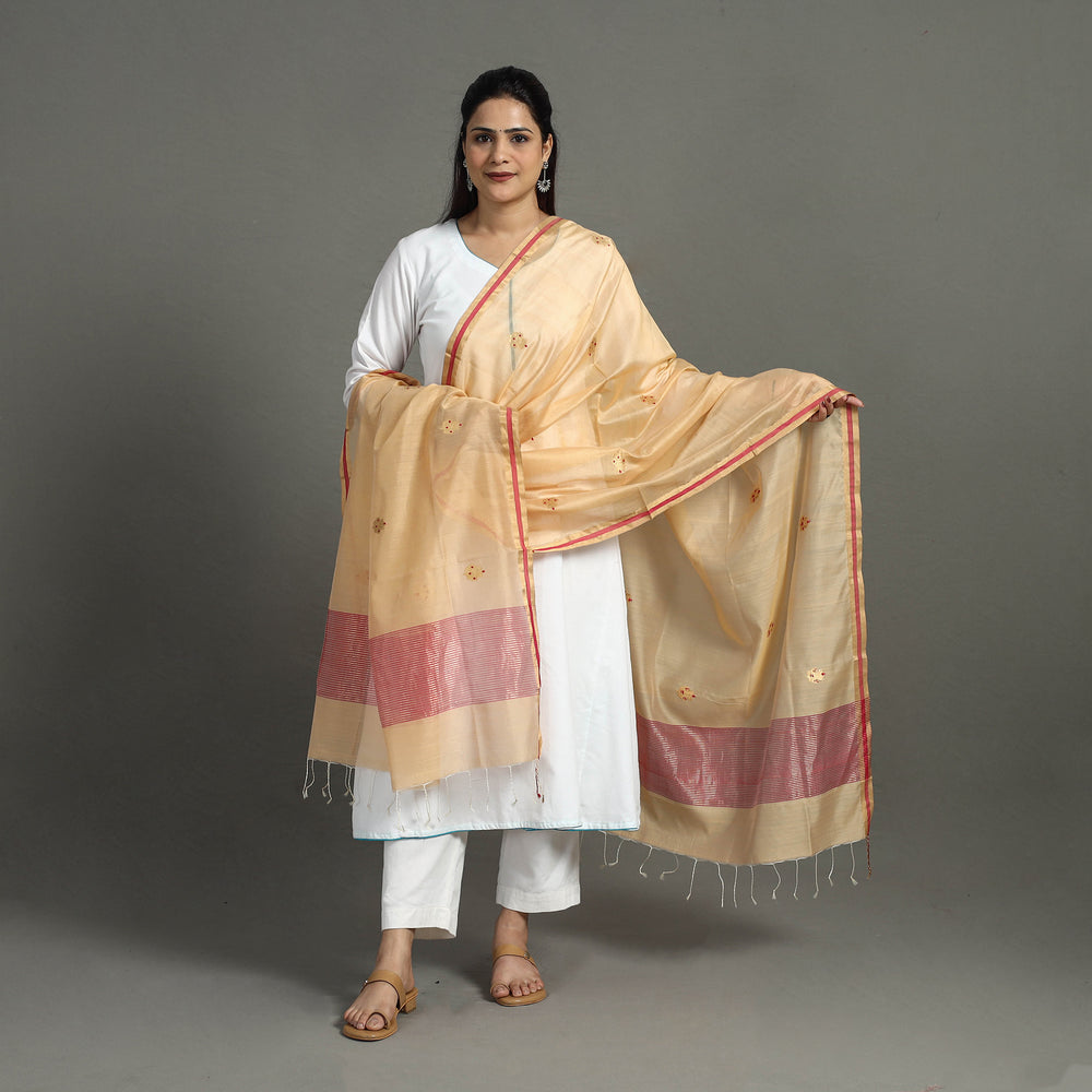 Beige - Handloom Silk Cotton Zari Buta Chanderi Dupatta 29