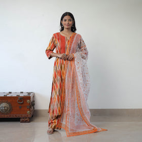 Multicolor Handloom Cotton Pochampally Ikat Kurta Set with Dupatta