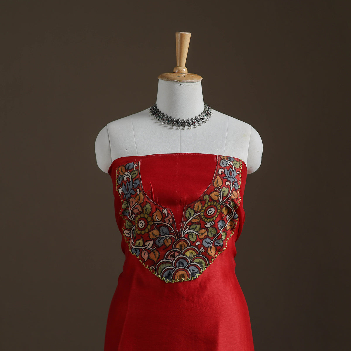 Red - Handpainted Srikalahasti Handloom Chanderi Silk Unstitched Kurta (2.3M) 08