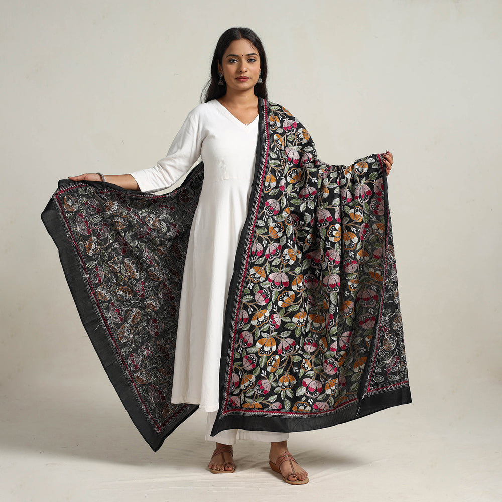 Black - Bengal Handloom Silk Kantha Embroidery Dupatta 06