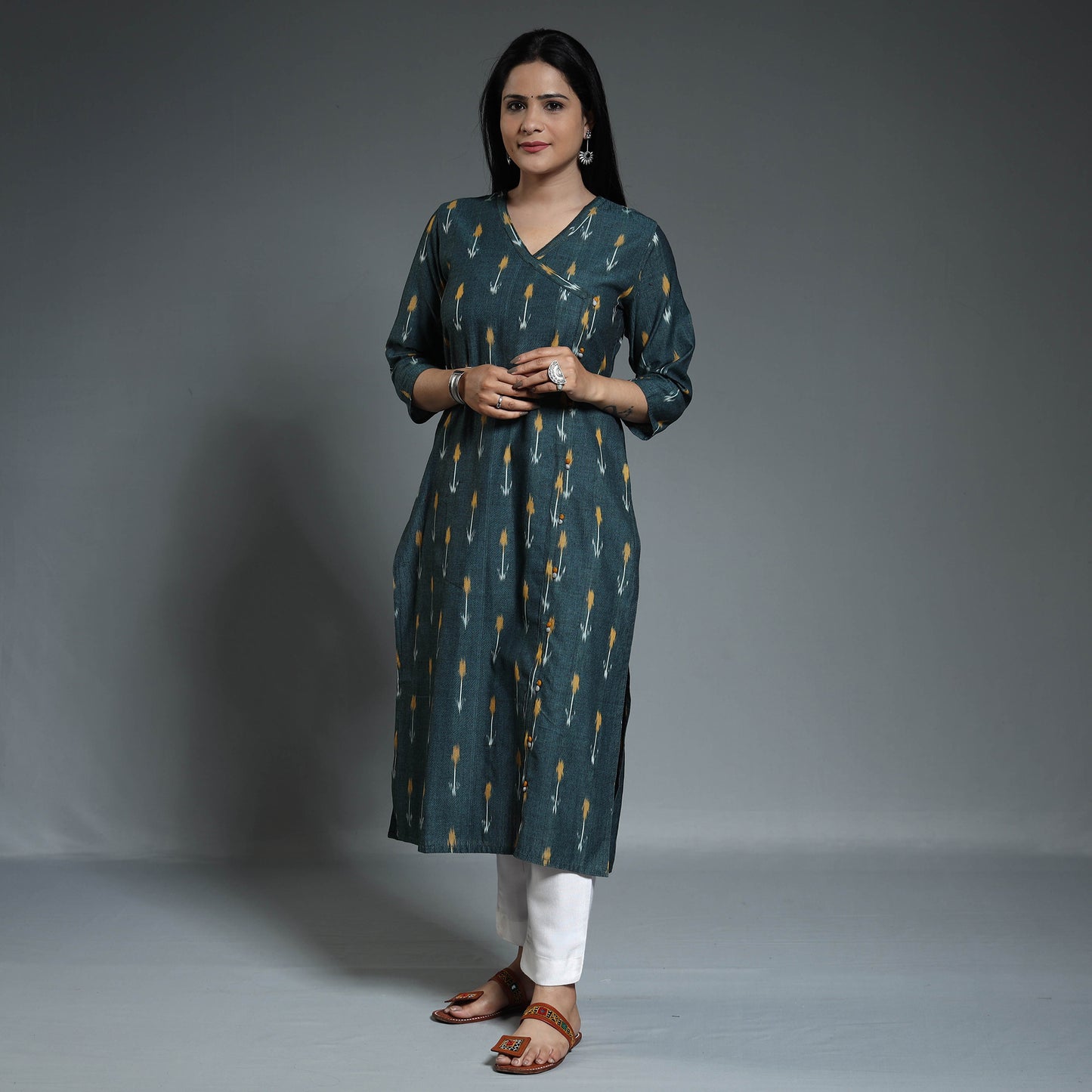 Green - Pochampally Ikat Weave Cotton Long Kurta