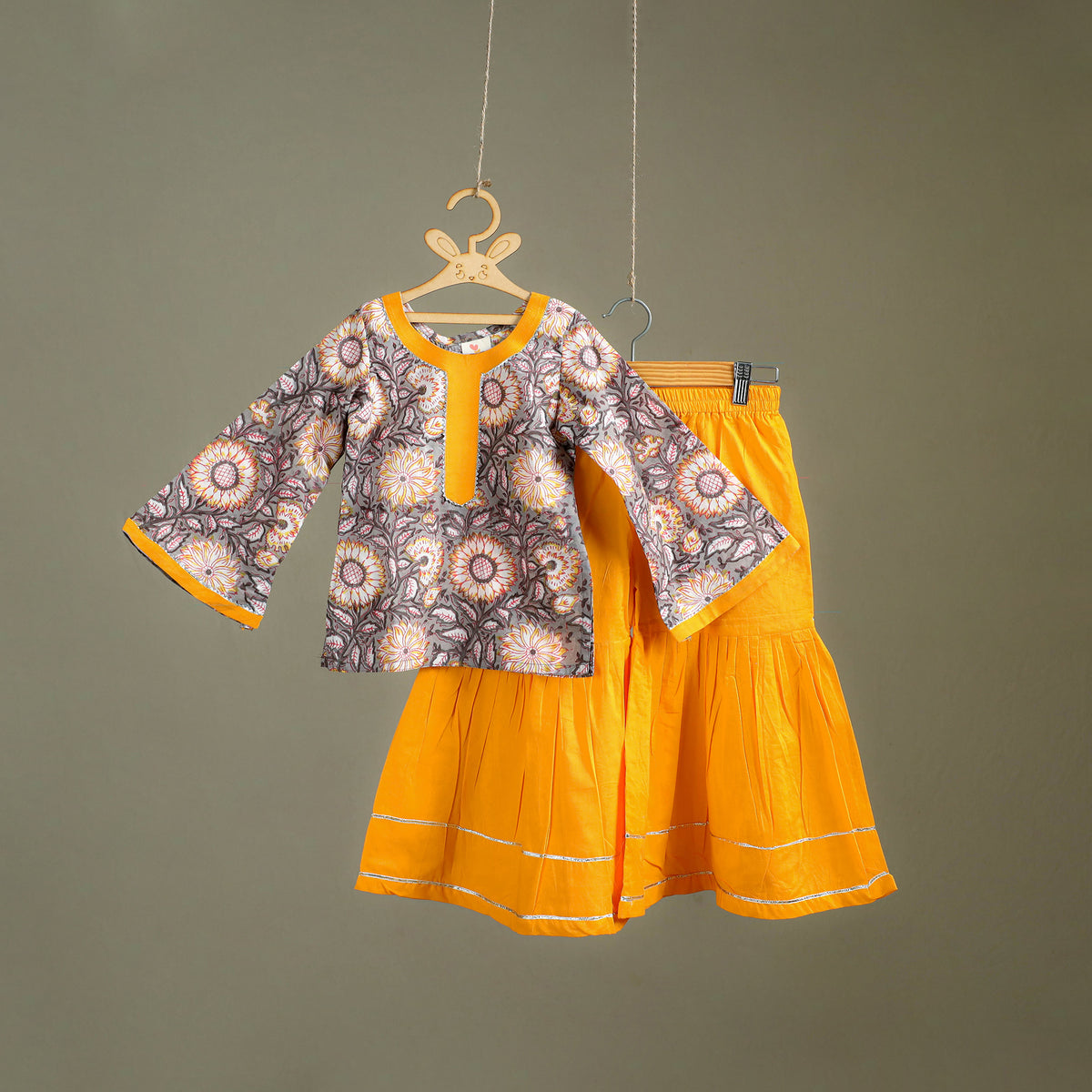 Girls Gota Work Floral Block Print Cotton Kurta with Sharara Set (3-4 Years) 35