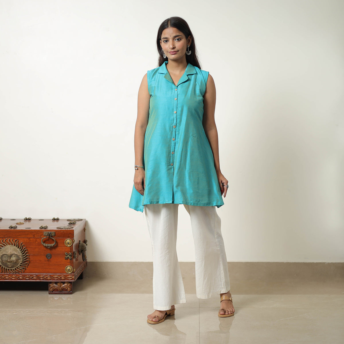 Afreen Blue Slub Silk Short Plain Kurta