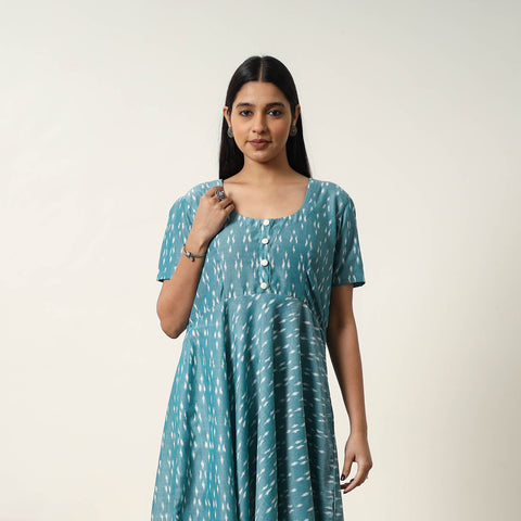 Blue - Mercerized Cotton Flared Pochampally Ikat Dress 15