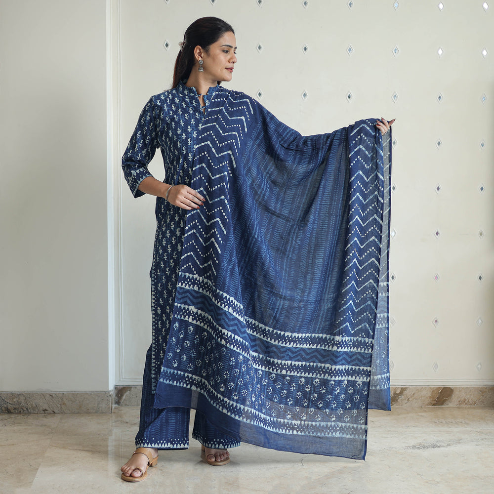 Blue - Hand Block Print Indigo Bagru Cotton Suit Set 01