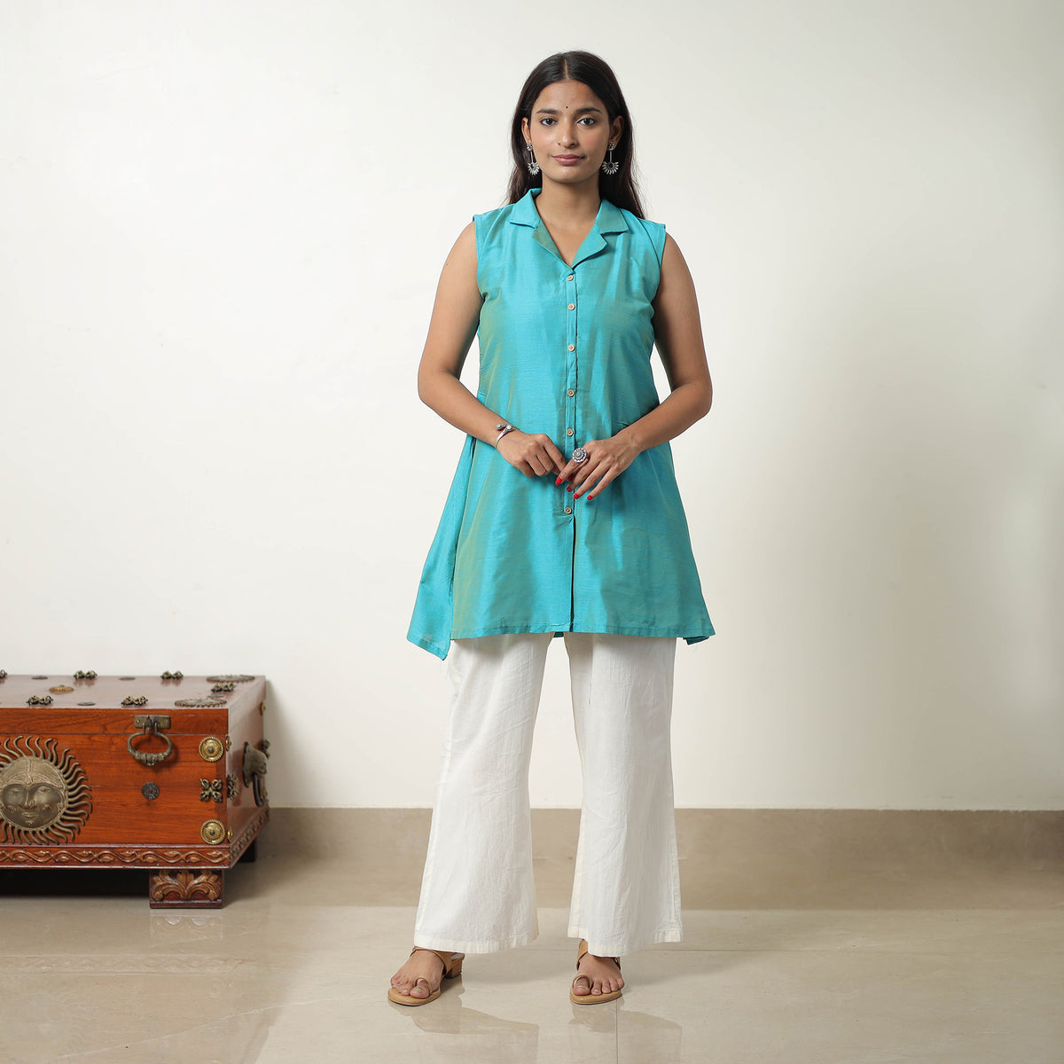 Afreen Blue Slub Silk Short Plain Kurta