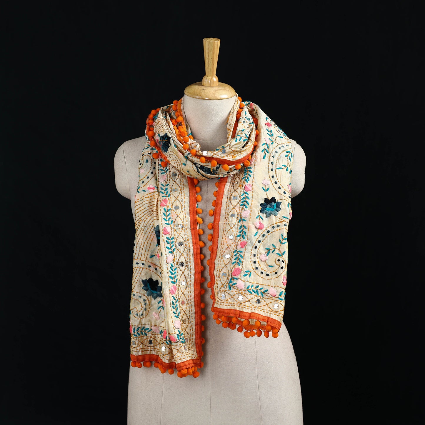 Ranihati Chanderi Silk Hand Embroidered Stole with Pom Pom 178