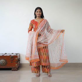 Multicolor Handloom Cotton Pochampally Ikat Kurta Set with Dupatta