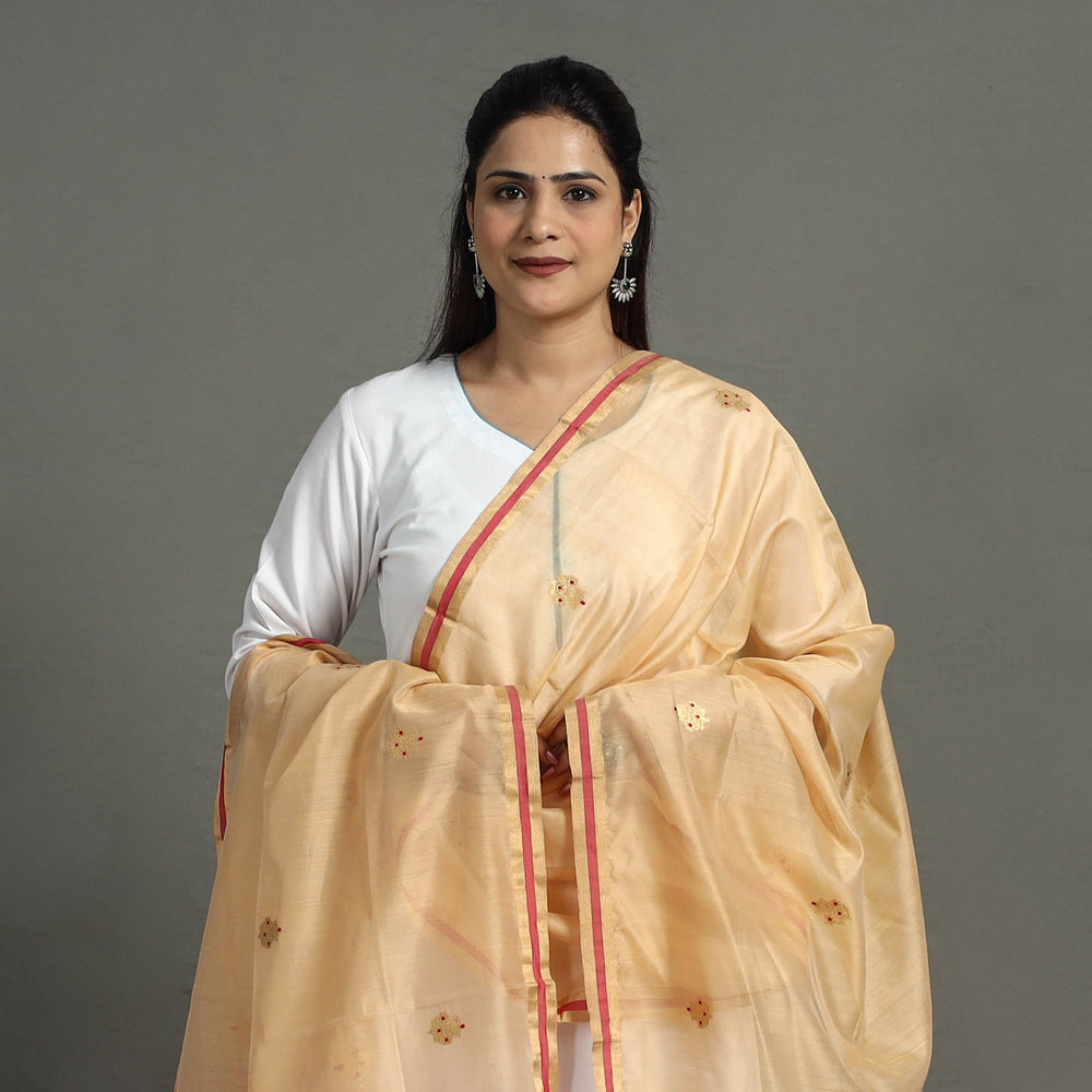 Beige - Handloom Silk Cotton Zari Buta Chanderi Dupatta 29