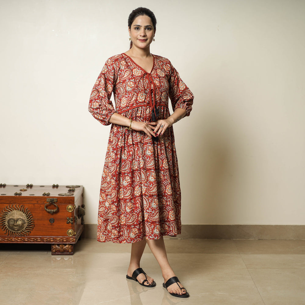 Red - Bagru Block Printed Cotton Flared Dress 17