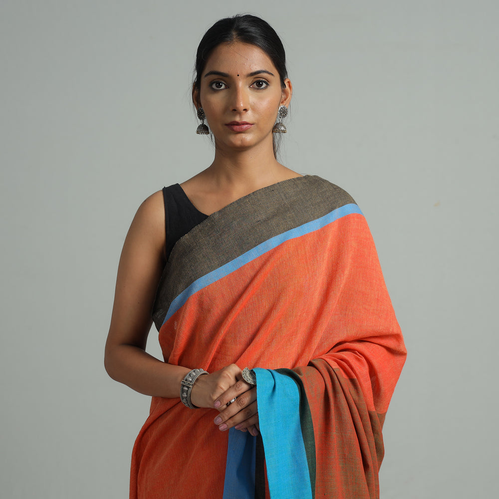 Orange - Bishnupur Pure Cotton Saree from Bengal 02