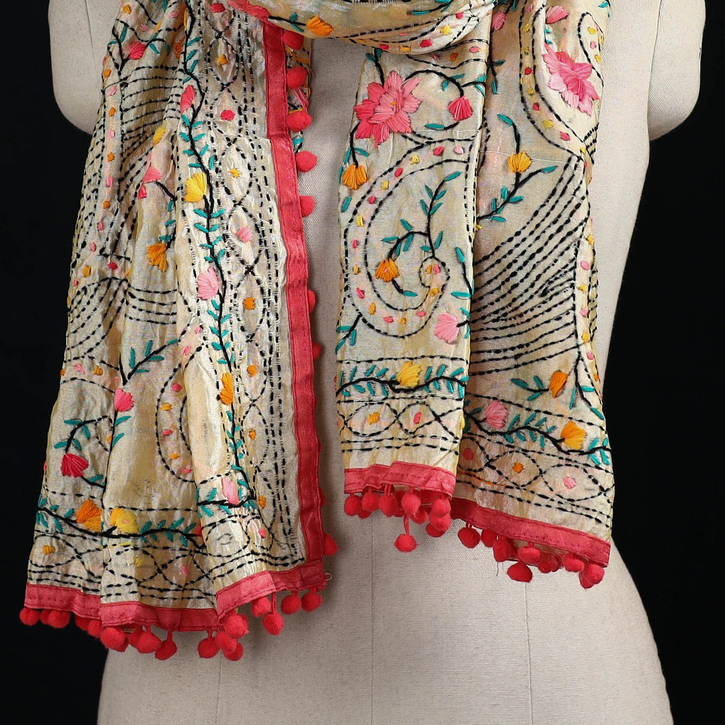Ranihati Chanderi Silk Hand Embroidered Stole with Pom Pom 179