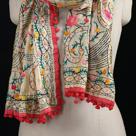 Ranihati Chanderi Silk Hand Embroidered Stole with Pom Pom 179