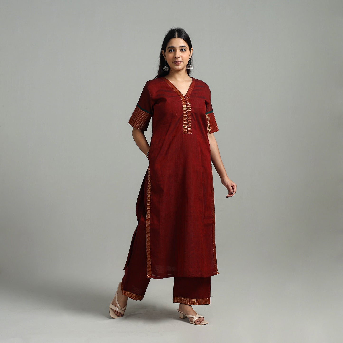 Maroon - Cotton Dharwad Kurta Set with Palazzo & Dupatta 18