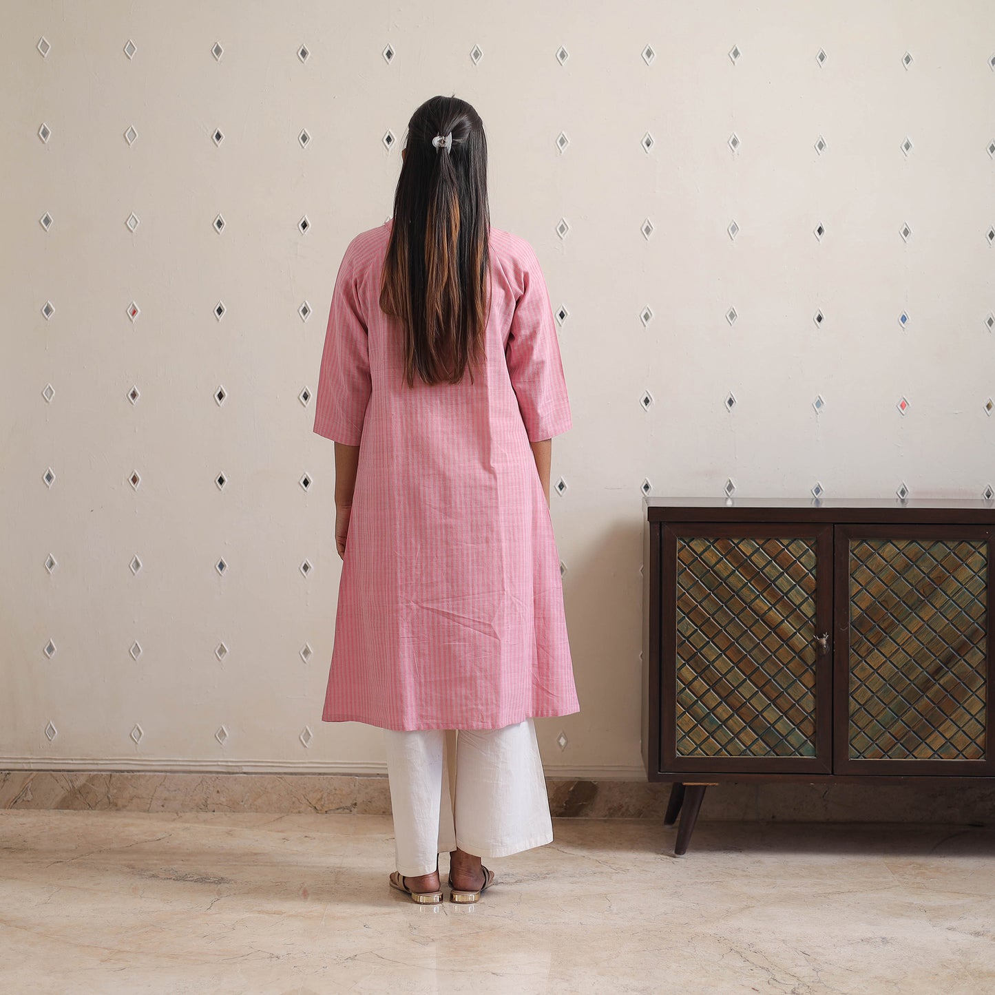 Pink - Handwoven A-Line Stripes Cotton Kurta 20