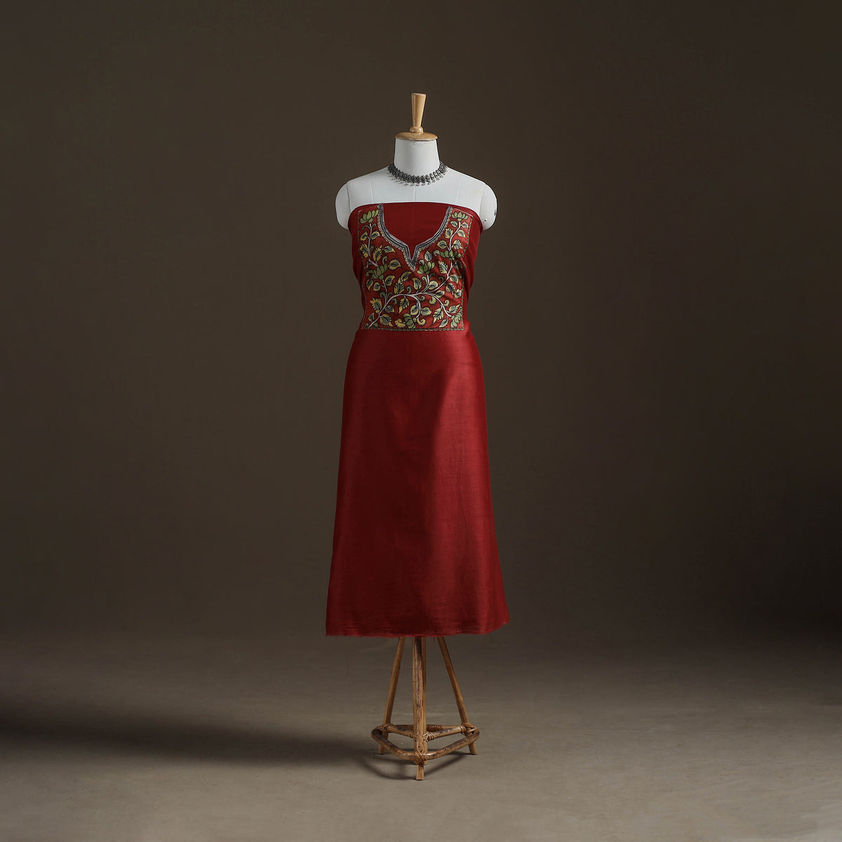 Red - Handpainted Srikalahasti Handloom Chanderi Silk Unstitched Kurta (2.3M) 09