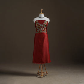 Red - Handpainted Srikalahasti Handloom Chanderi Silk Unstitched Kurta (2.3M) 09