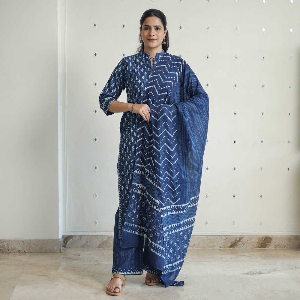 Blue - Hand Block Print Indigo Bagru Cotton Suit Set 01