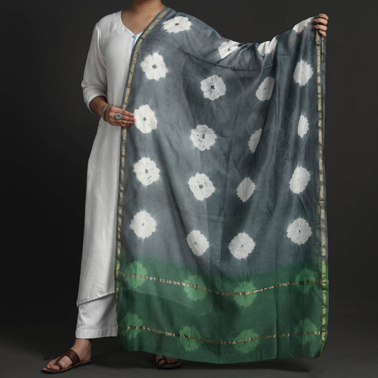 Grey - Exclusive!! Handloom Shibori Tie-Dye Chanderi Silk Dupatta with Zari Border