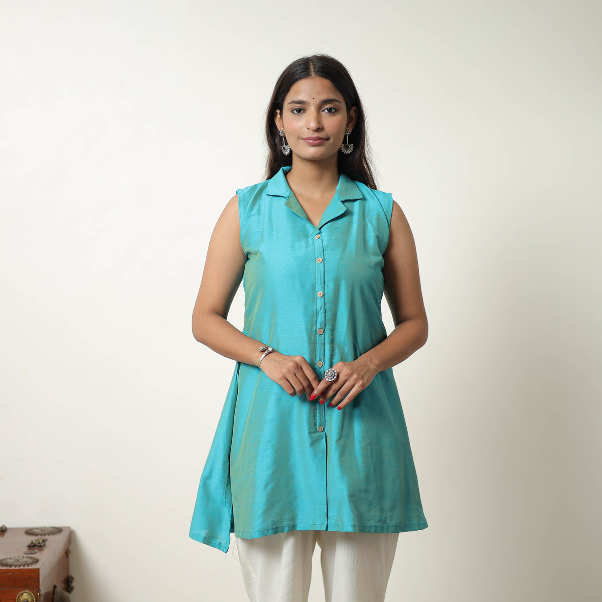 Afreen Blue Slub Silk Short Plain Kurta