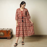 Red - Bagru Block Printed Cotton Flared Dress 17