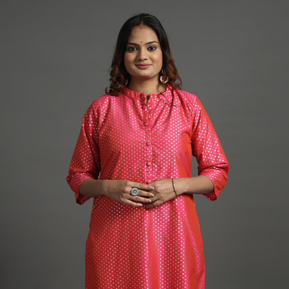 Pink - Elegant Banarasi Brocade Silk Kurta with Pant Set