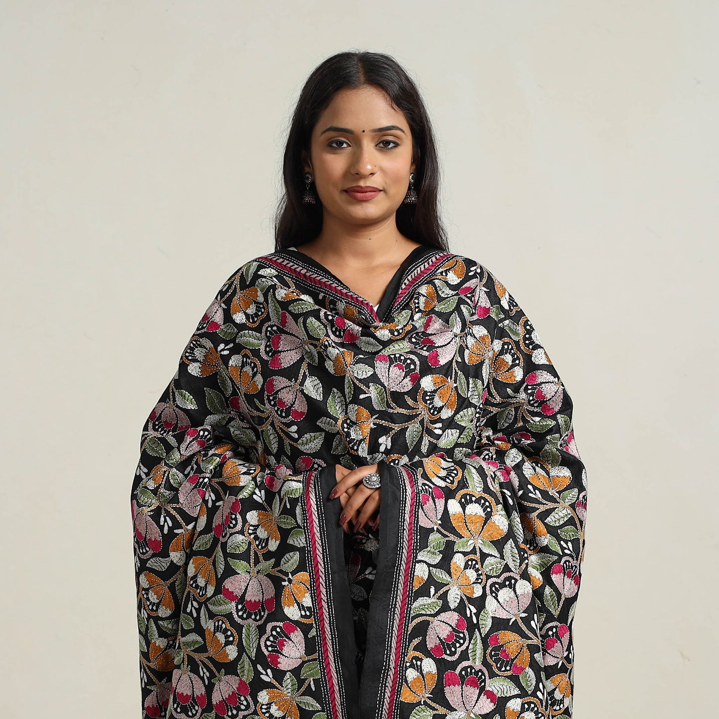 Black - Bengal Handloom Silk Kantha Embroidery Dupatta 06