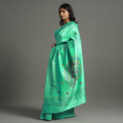Green - Bengal Nakshi Kantha Embroidery Silk Saree