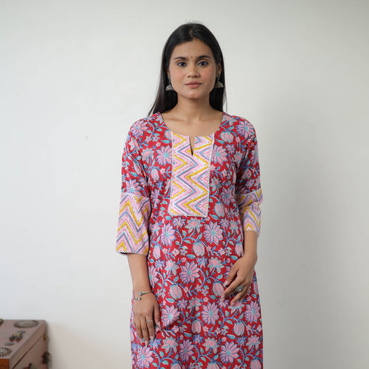 Red - Block Print Cotton Straight Sanganeri Kurta 18