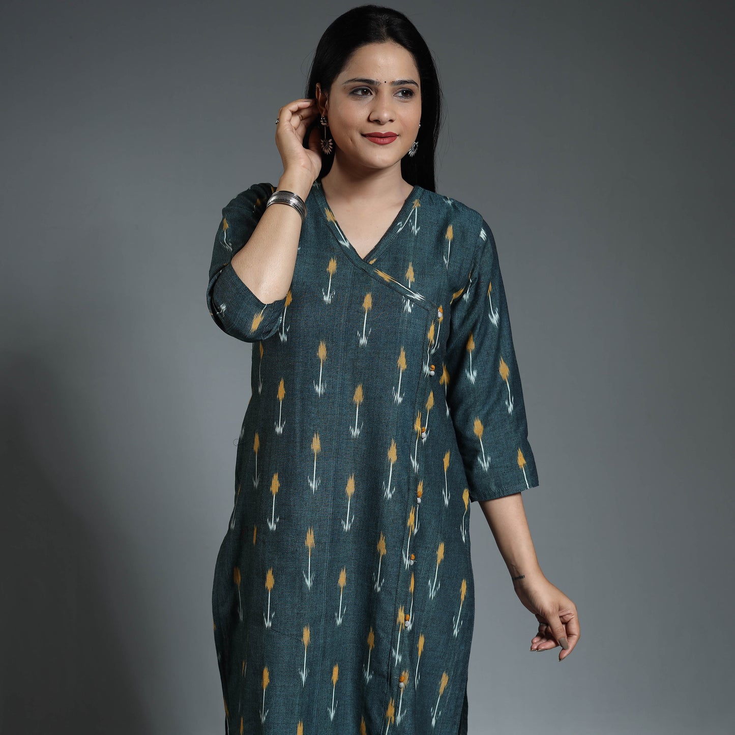 Green - Pochampally Ikat Weave Cotton Long Kurta