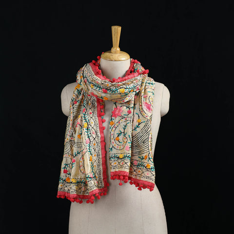 Ranihati Chanderi Silk Hand Embroidered Stole with Pom Pom 179