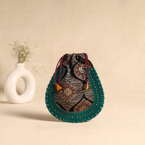 Traditional Kutch Mashru Silk Leather Drawstring Coin Potli 06