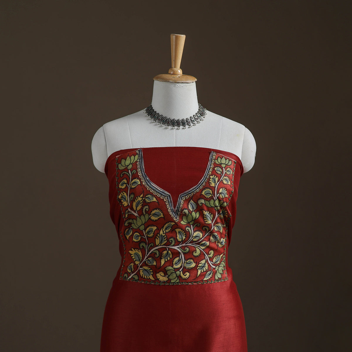Red - Handpainted Srikalahasti Handloom Chanderi Silk Unstitched Kurta (2.3M) 09