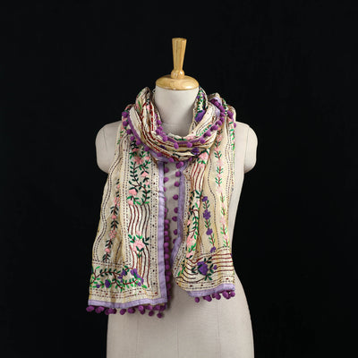 Ranihati Chanderi Silk Hand Embroidered Stole with Pom Pom 180